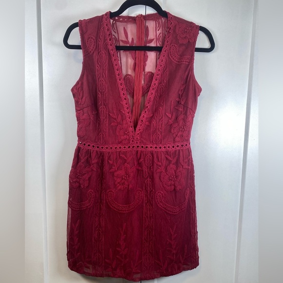 Red Mesh & Lace V Neck Romper - Medium perfect for holiday or cocktail parties - Picture 1 of 3